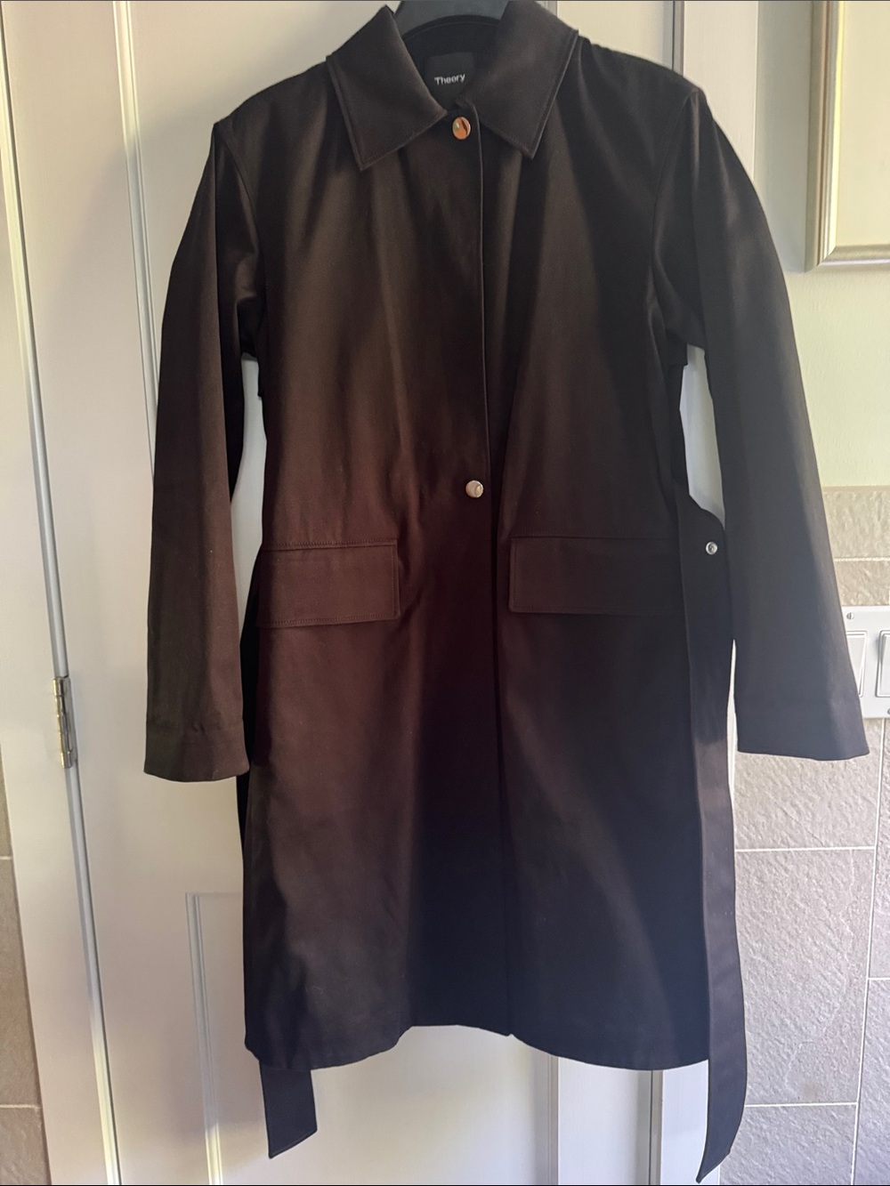 Theory Black Belted Trench Coat with Snap Closure - New with Tags - Picture 6 of 8